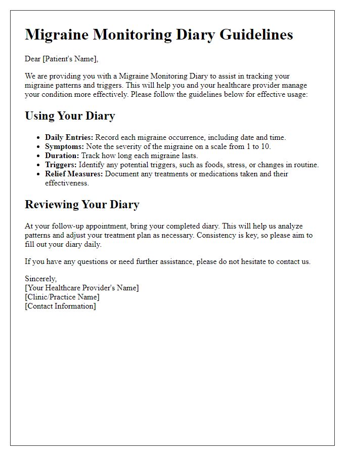 Letter template of migraine monitoring diary guidelines for effective usage.