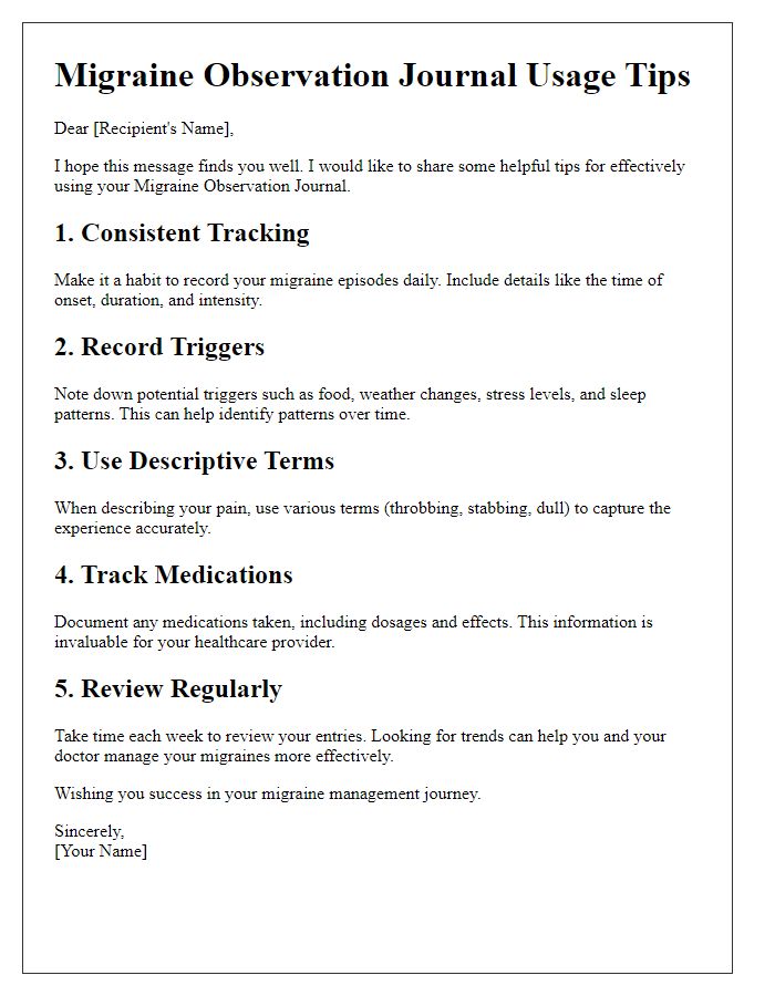 Letter template of migraine observation journal usage tips.