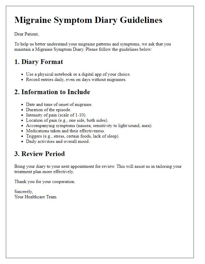 Letter template of migraine symptom diary guidelines for patients.