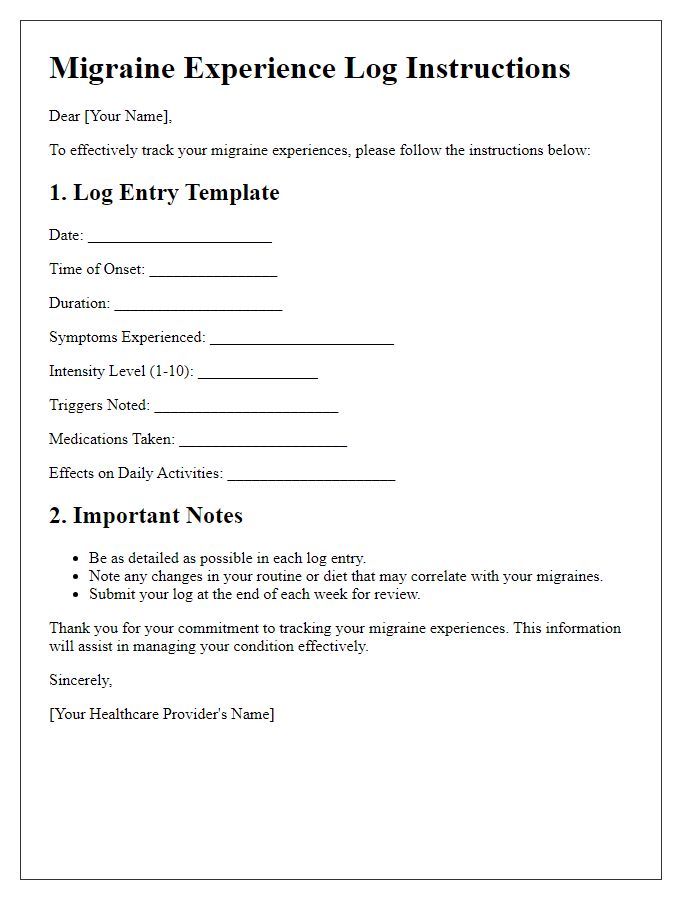 Letter template of personal migraine experience log instructions.