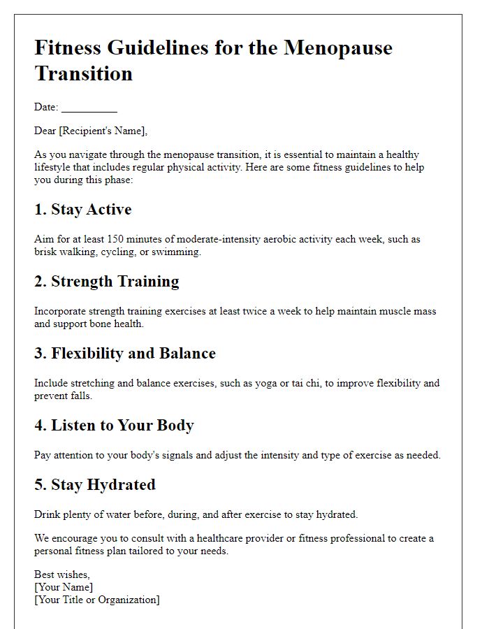 Letter template of menopause transition fitness guidelines