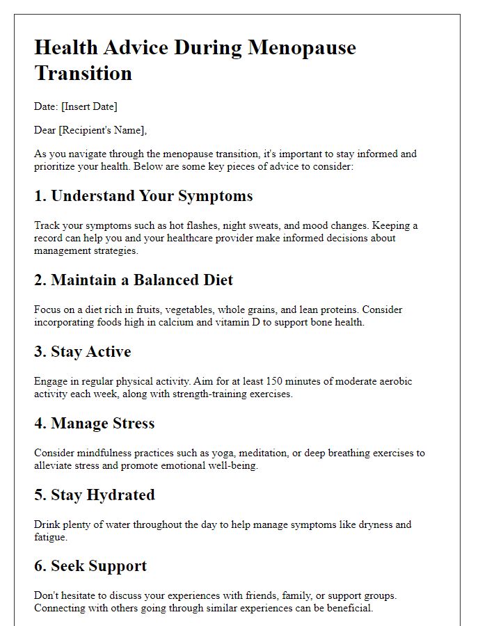 Letter template of menopause transition health advice