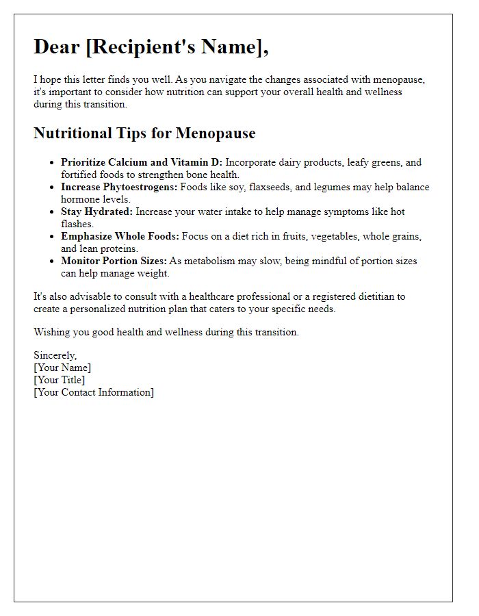 Letter template of menopause transition nutritional advice