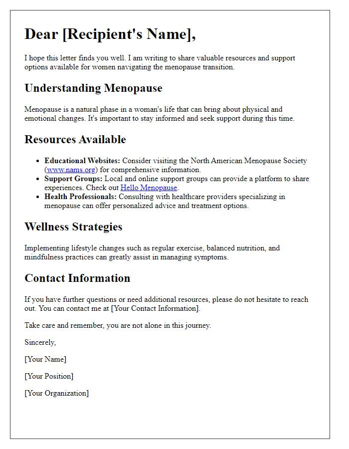 Letter template of menopause transition resources and support options