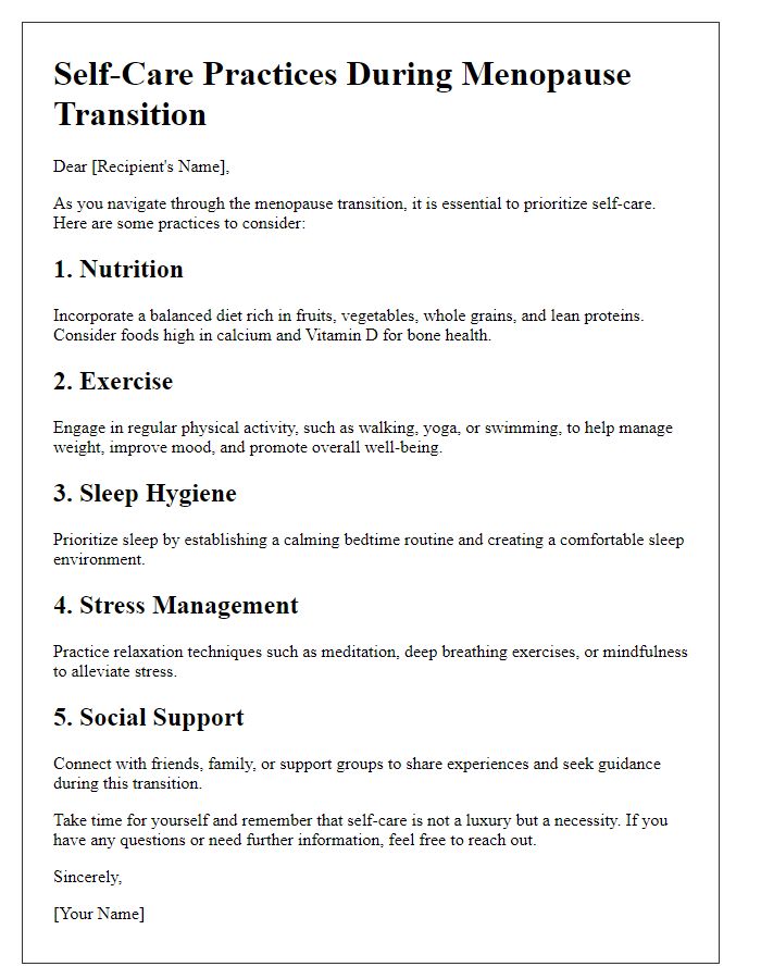 Letter template of menopause transition self-care practices