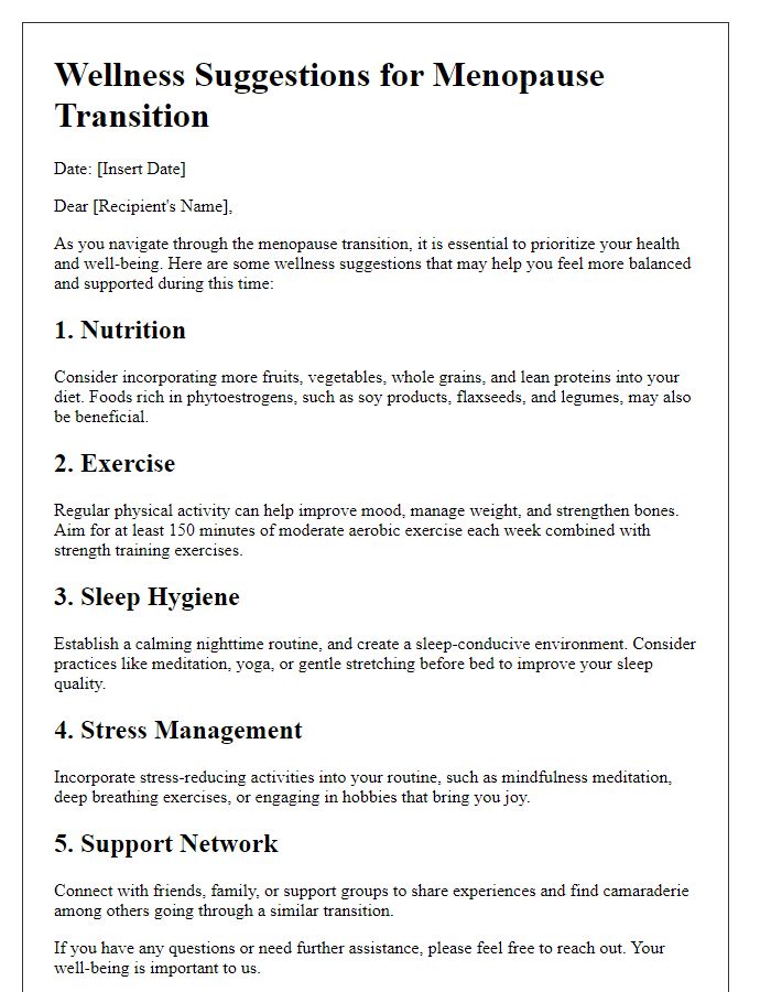 Letter template of menopause transition wellness suggestions