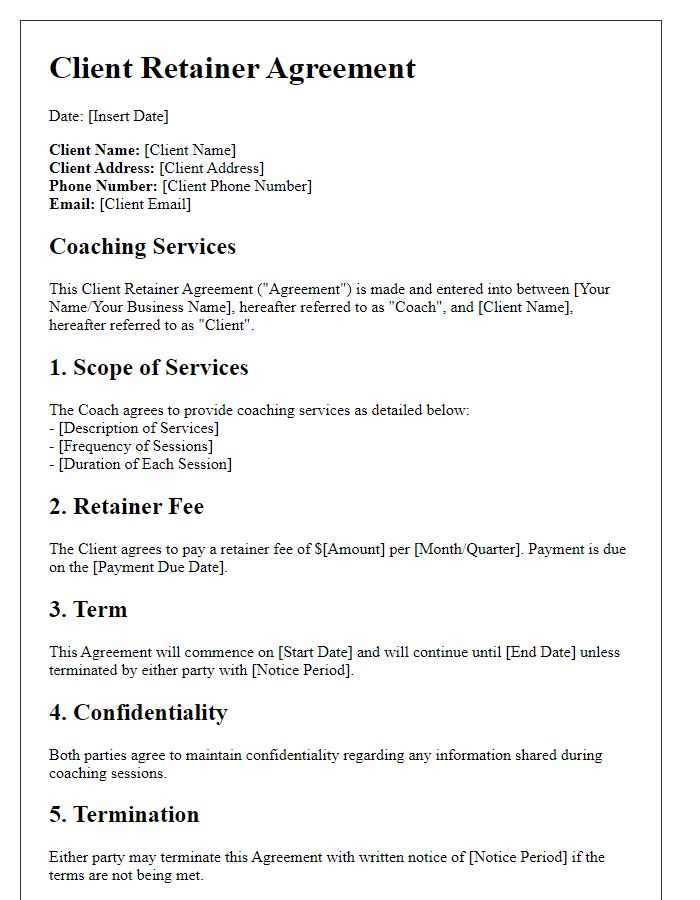 Letter template of client retainer agreement for coaching services