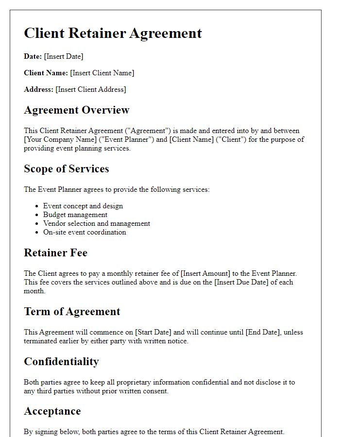 Letter template of client retainer agreement for event planning services