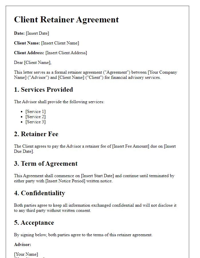 Letter template of client retainer agreement for financial advisory