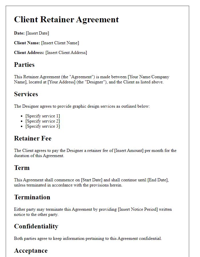 Letter template of client retainer agreement for graphic design services