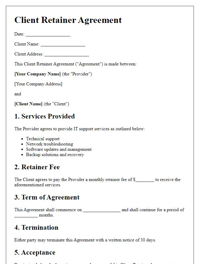 Letter template of client retainer agreement for IT support services