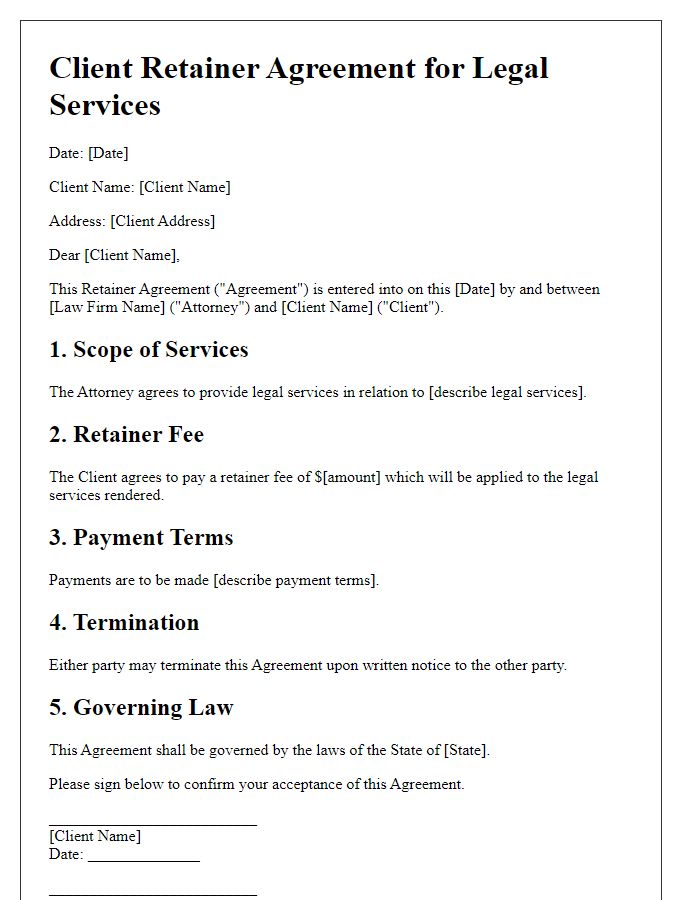 Letter template of client retainer agreement for legal services