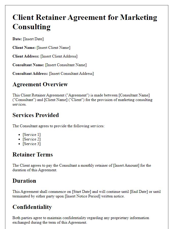 Letter template of client retainer agreement for marketing consulting