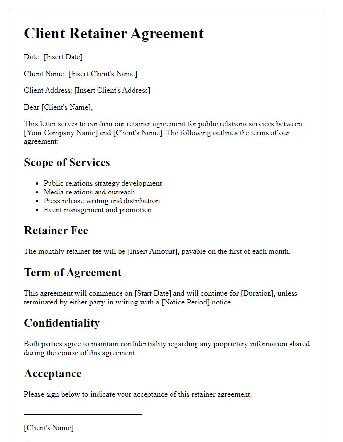 Letter template of client retainer agreement for public relations