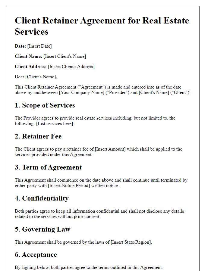 Letter template of client retainer agreement for real estate services