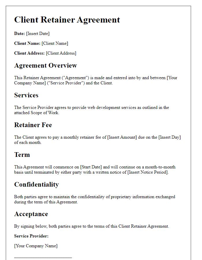 Letter template of client retainer agreement for web development services