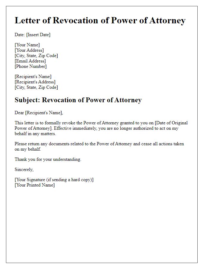 Letter template of revocation of power of attorney request