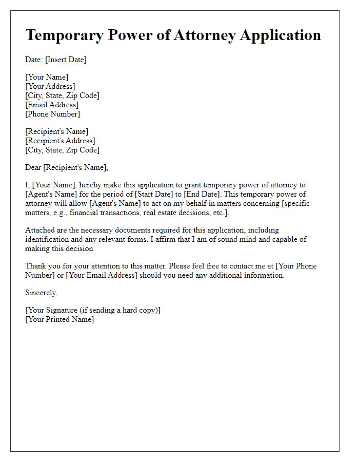 Letter template of temporary power of attorney application