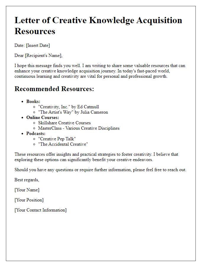 Letter template of creative knowledge acquisition resources