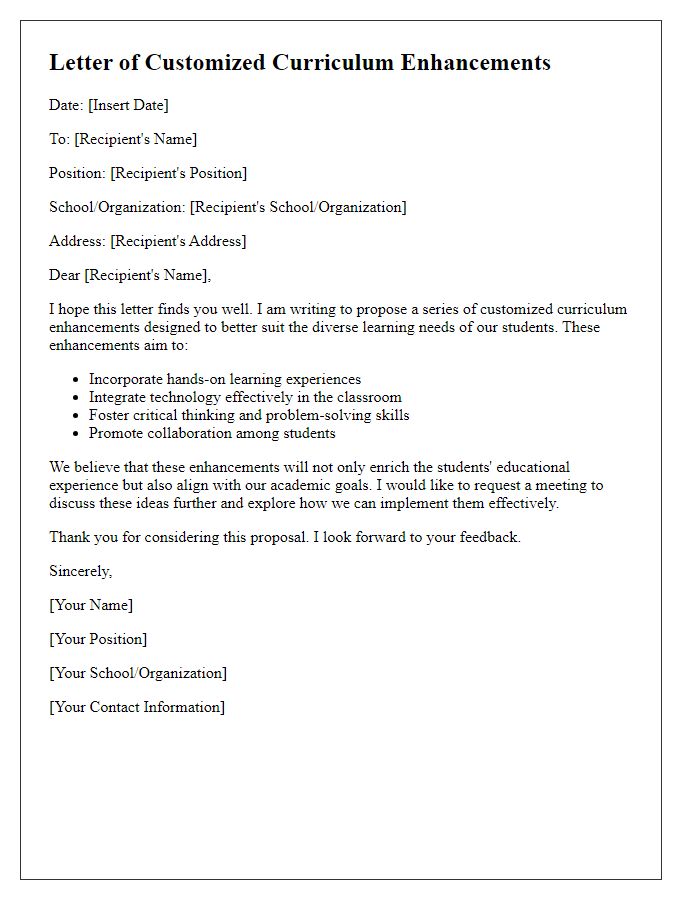 Letter template of customized curriculum enhancements