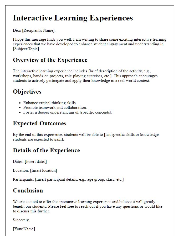 Letter template of interactive learning experiences