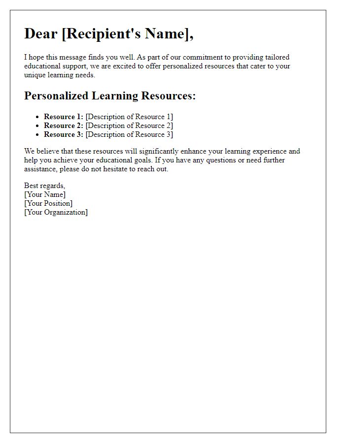 Letter template of personalized education resources