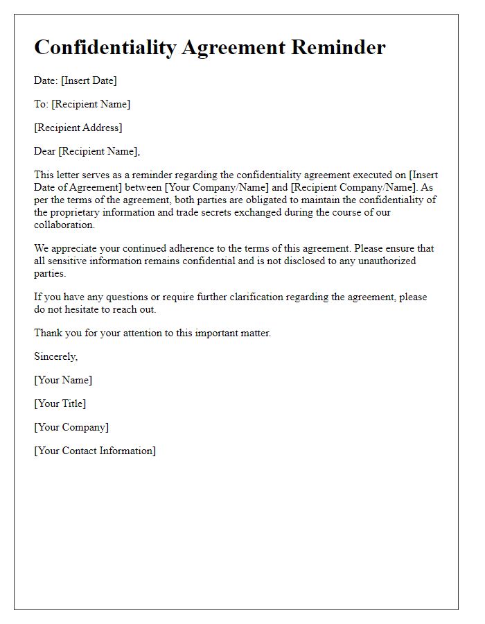 Letter template of Confidentiality Agreement Reminder