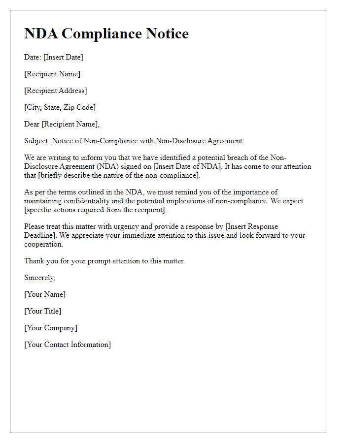 Letter template of NDA Compliance Notice