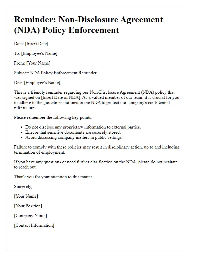 Letter template of NDA Policy Enforcement Reminder