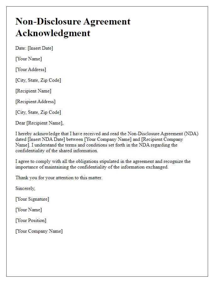 Letter template of Non-Disclosure Agreement Acknowledgment