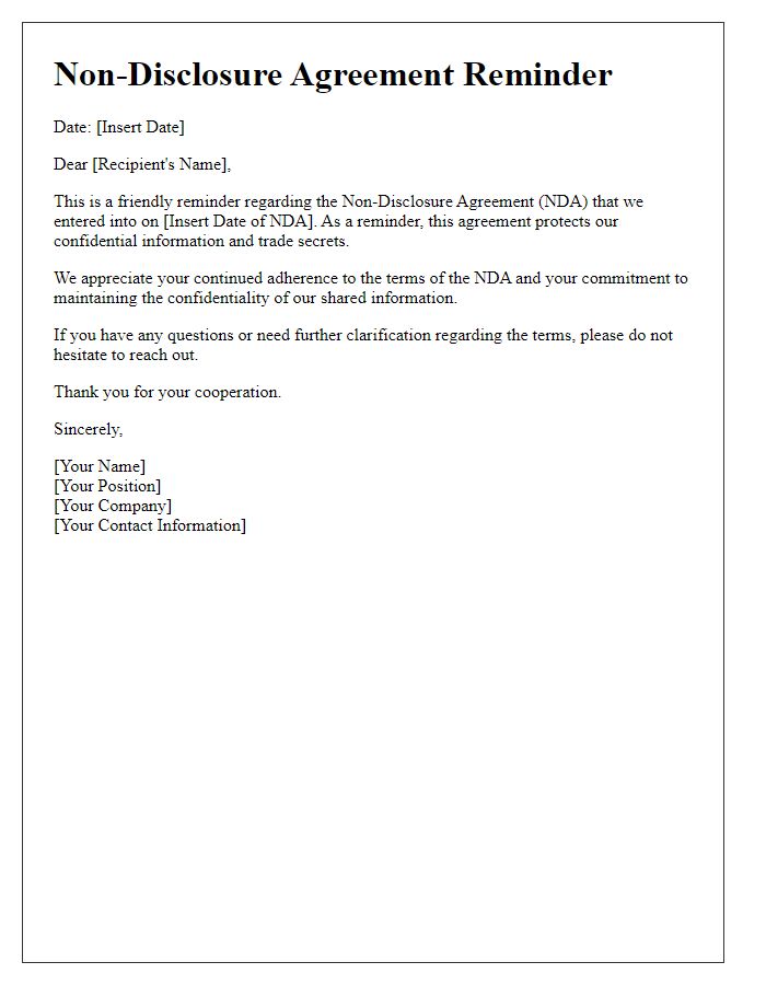 Letter template of Non-Disclosure Agreement Reminder