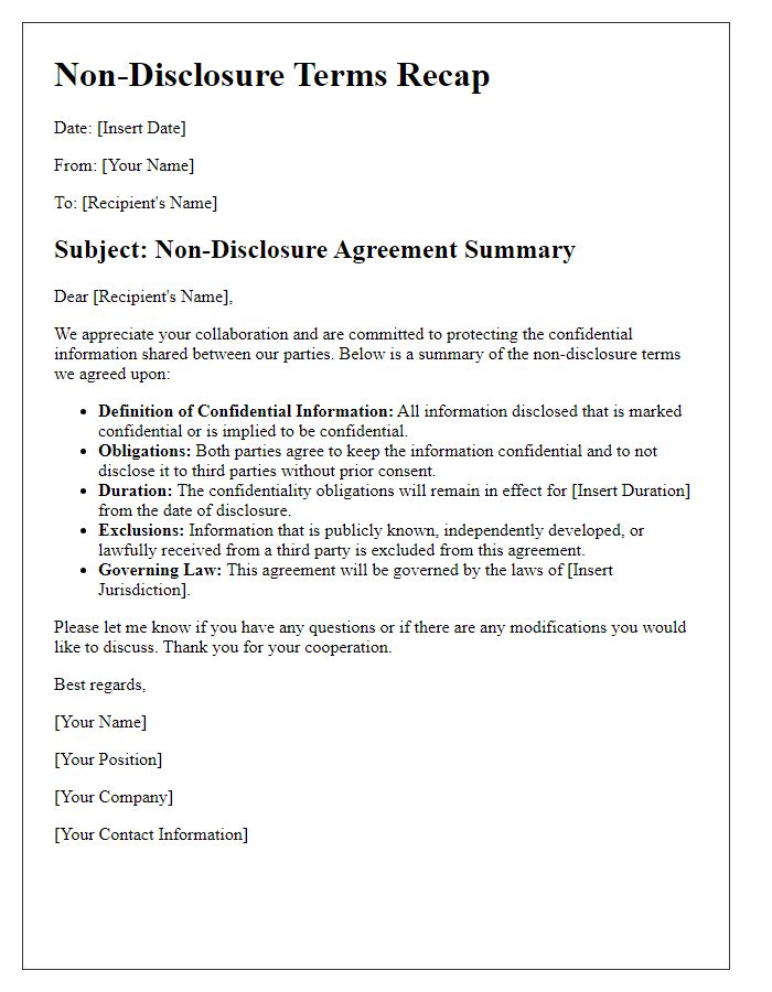 Letter template of Non-Disclosure Terms Recap