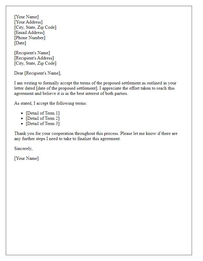 Letter template of acceptance of proposed settlement terms