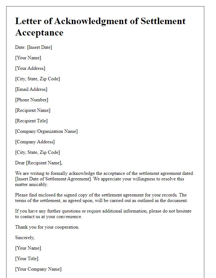 Letter template of acknowledgment of settlement acceptance