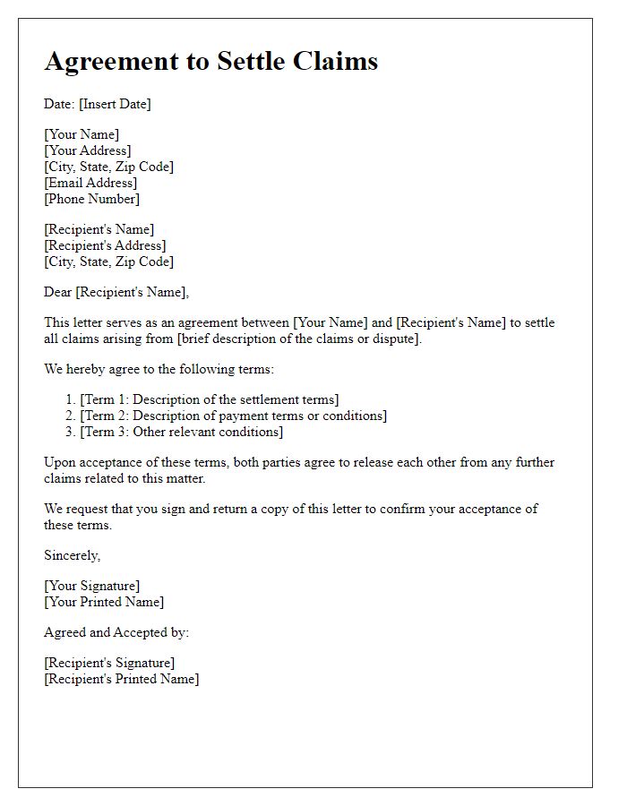 Letter template of agreement to settle claims