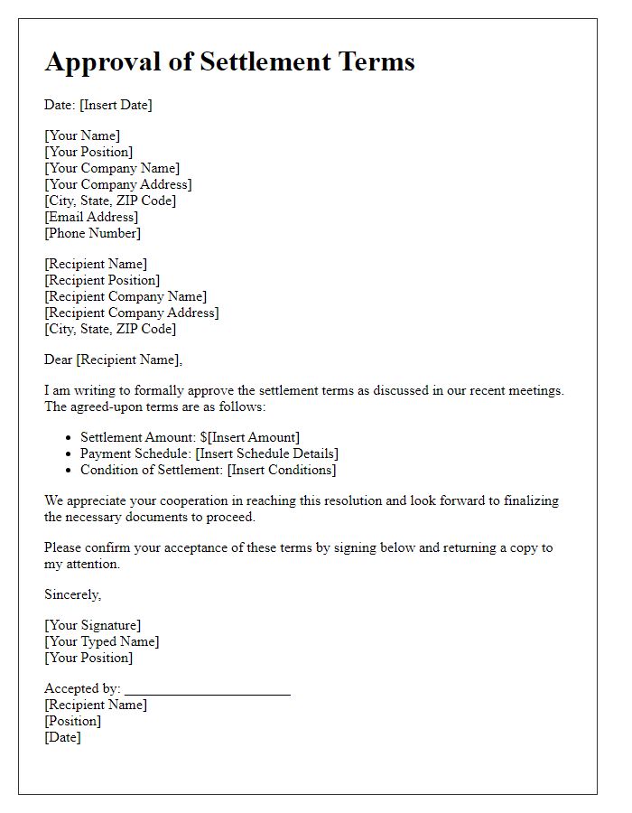 Letter template of approval of settlement terms