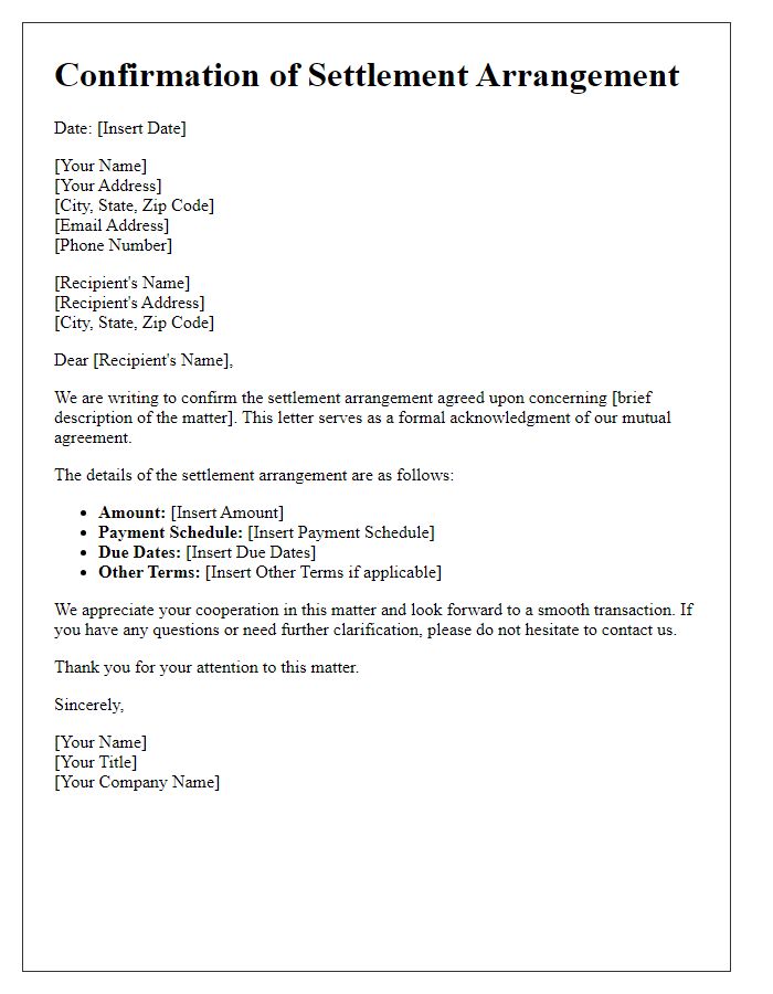 Letter template of confirmation of settlement arrangement