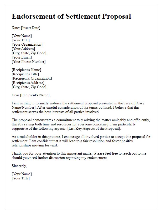 Letter template of endorsement of settlement proposal