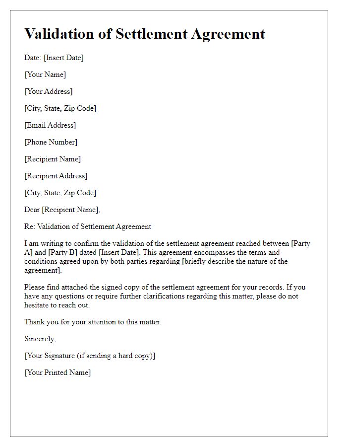 Letter template of validation of settlement agreement