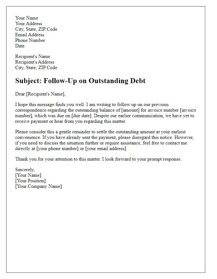 Letter template of follow-up on previous debt collection efforts.