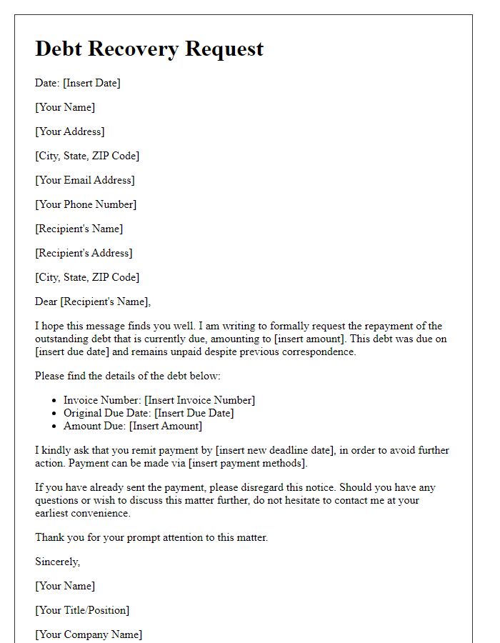 Letter template of formal debt recovery request.