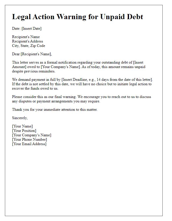 Letter template of legal action warning for unpaid debts.