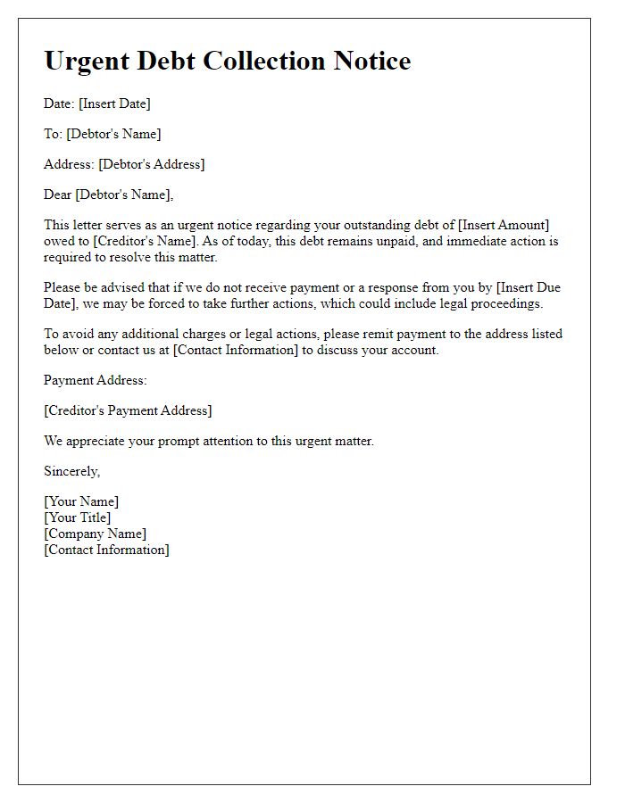 Letter template of urgent debt collection notice.