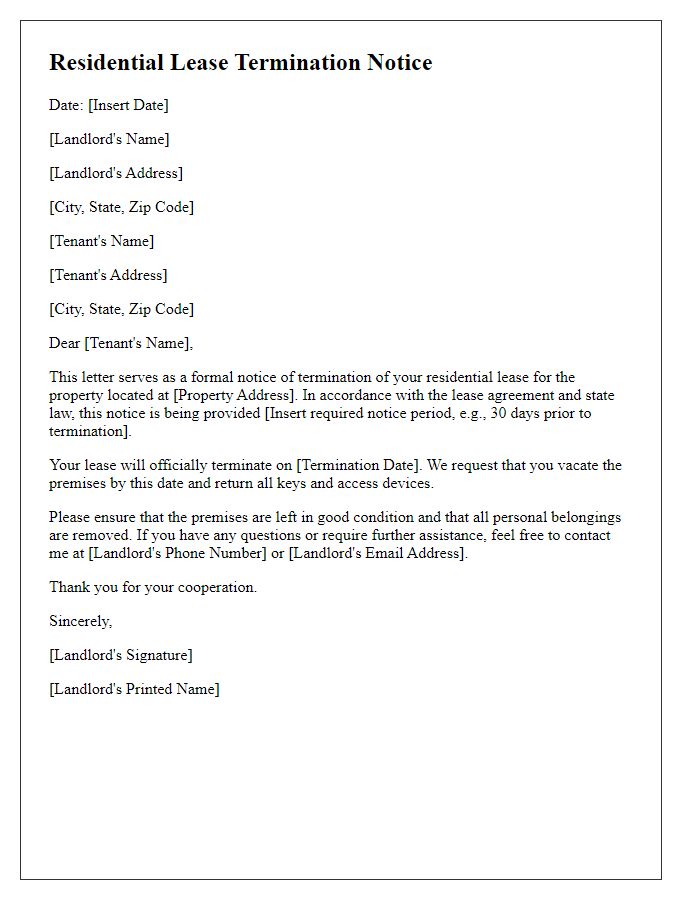 Letter template of residential lease termination notice