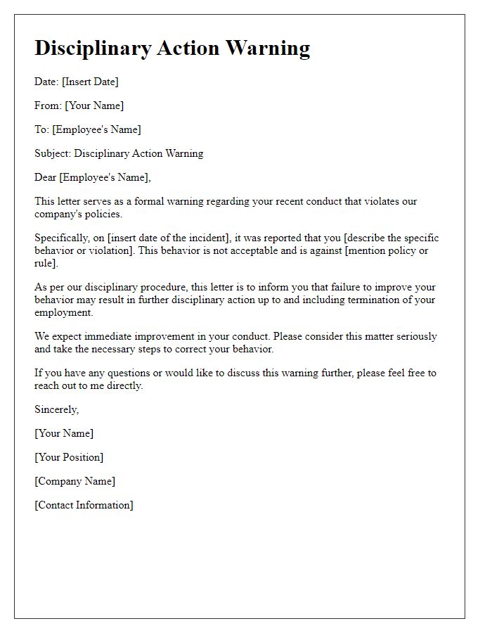 Letter template of disciplinary action warning