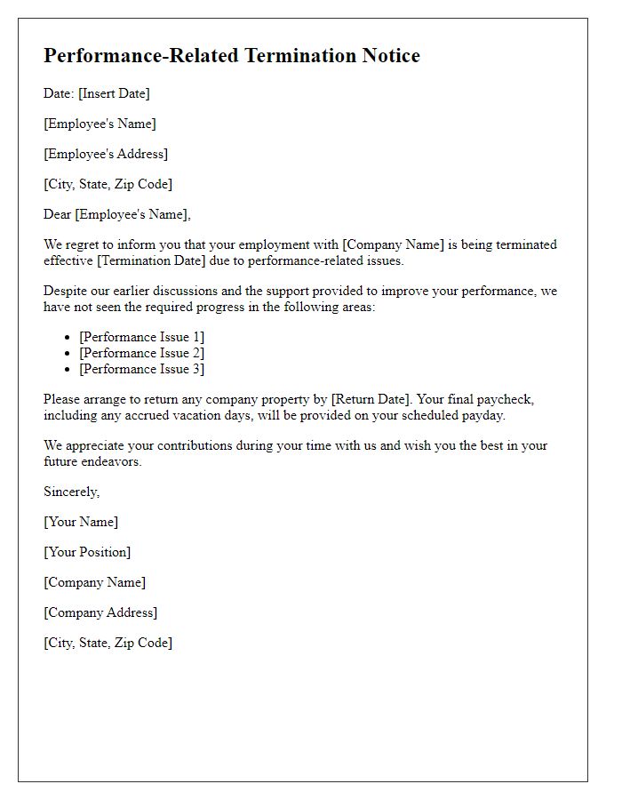 Letter template of performance-related termination notice