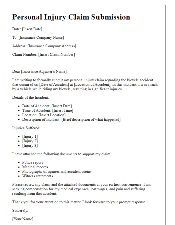 Letter template of personal injury claim submission for bicycle accident.