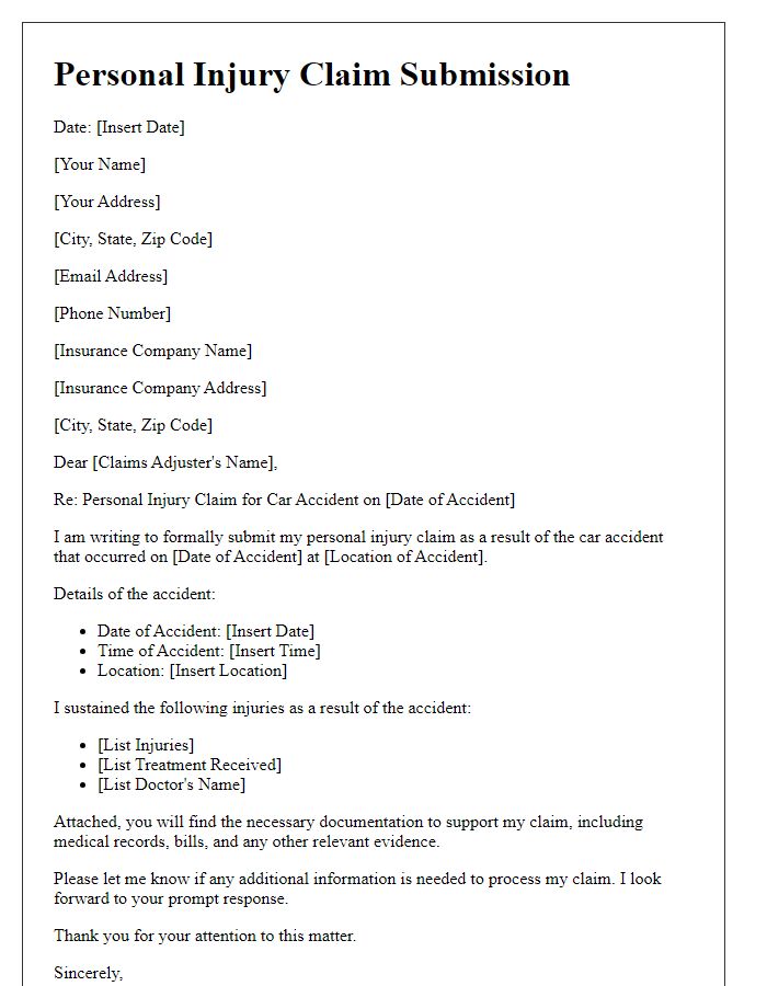 Letter template of personal injury claim submission for car accident.