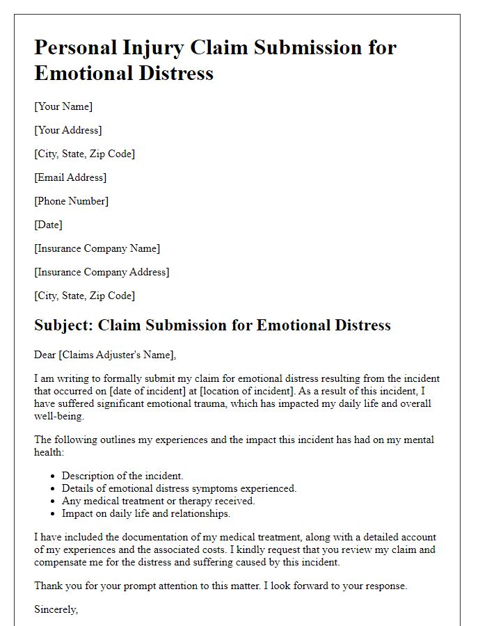 Letter template of personal injury claim submission for emotional distress.