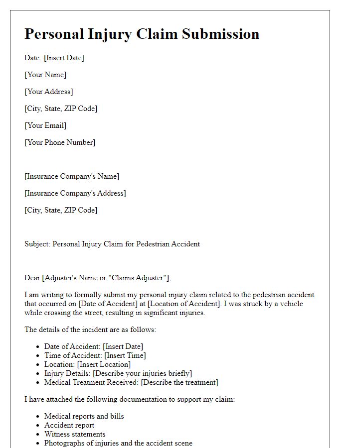 Letter template of personal injury claim submission for pedestrian accident.